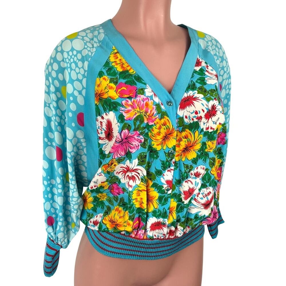 Vintage 80s Diane Freis Original Blue Floral Silk Blouse maximalist